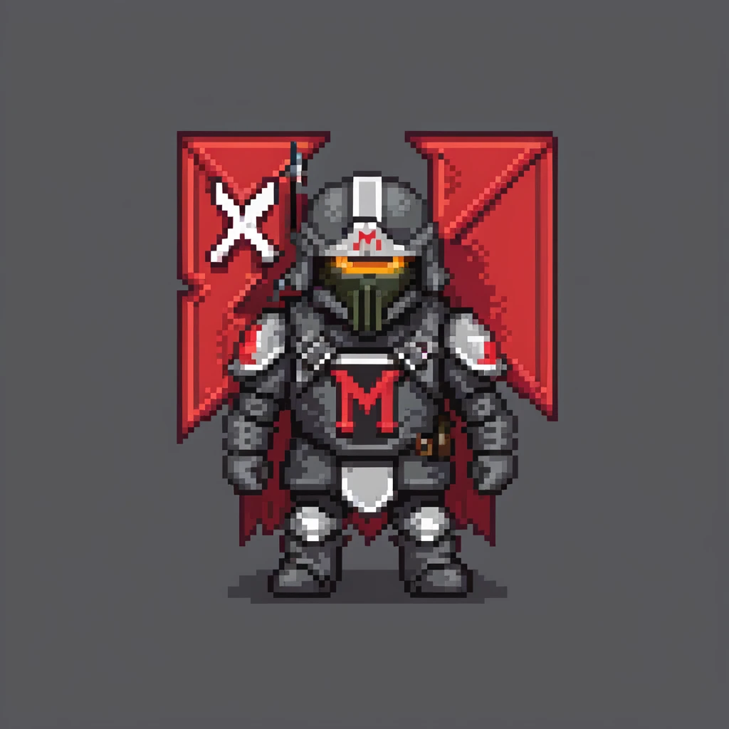 military person in black and red armor, wearing a black flag on back with red letter M in center emoji