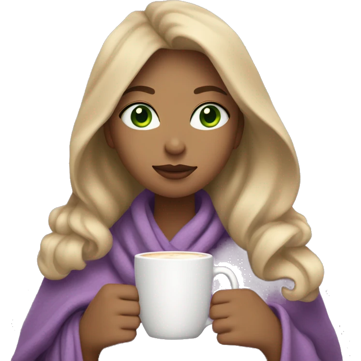 A girl that dark honey blonde hair, green eyes, and is wearing a lilac shirt while wrapped in a cozy blanket sipping a latte emoji