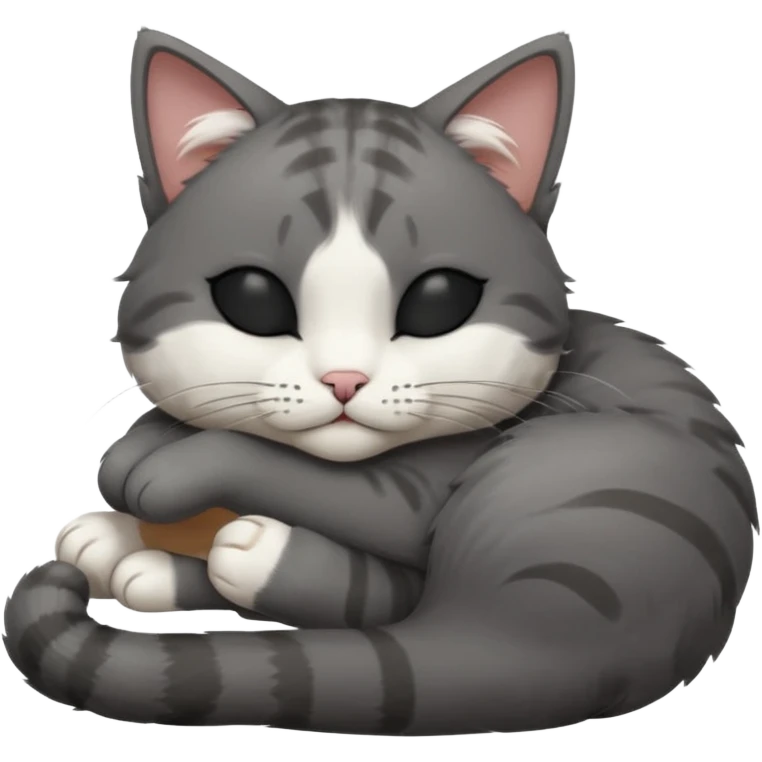 dark grey and white small cat with closed eyes, leaning his head on his paw while leaning on his elbow lying down emoji
