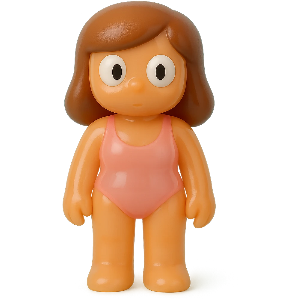 full-body beach girl, retro 90's toy style, very transparent and slightly see-through, natural tan skin, brown hair, pink swimsuit, large white eyeballs with small black pupils, soft plastic texture, soft reflections, soft and squishy, some cloudiness, not shiny, highly detailed, appealing, no tag, no background emoji