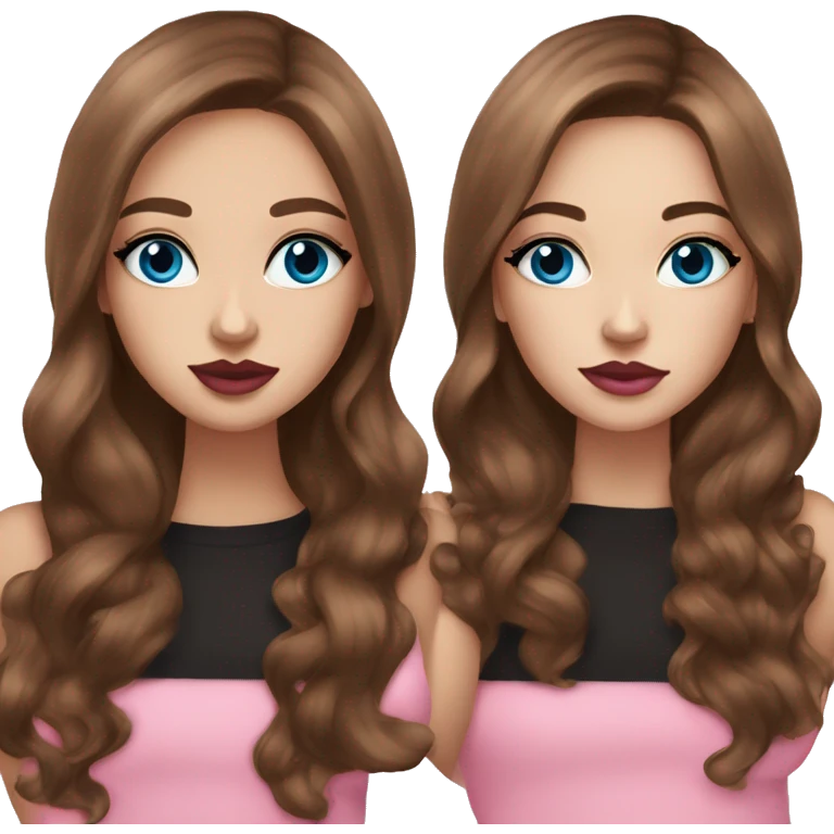 pretty girl long brown hair, blue eyes, makeup with black kitten and pink lips emoji