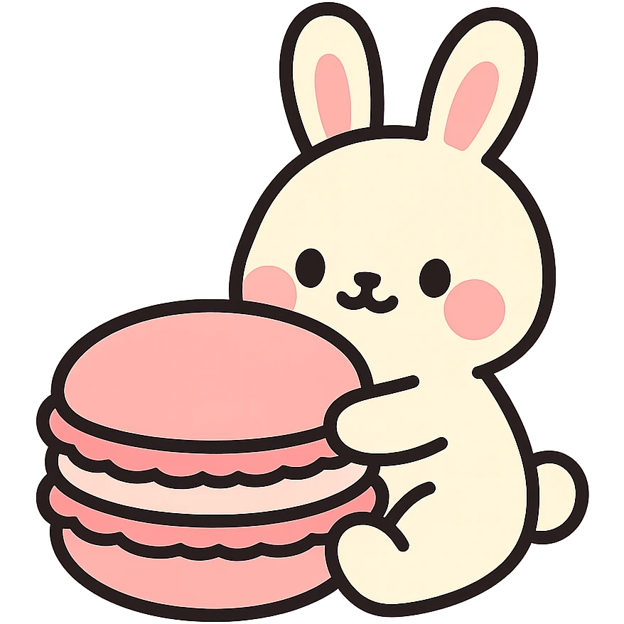 chibi bunny holding a giant macaron, soft pink background, pastel dessert theme, adorable illustration emoji