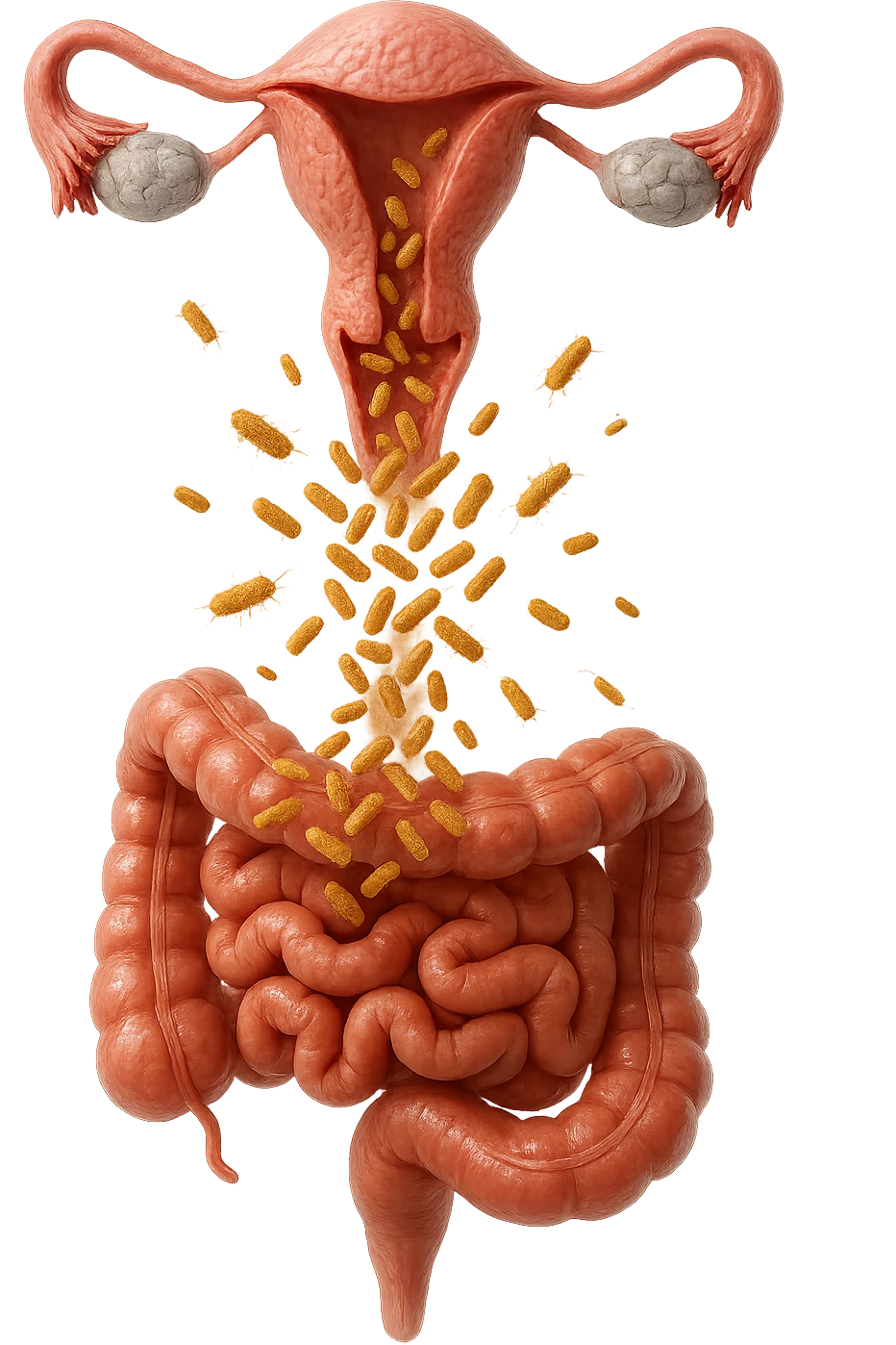 UTERO UMANO E INTESTINO ANATOMICI REALISTICI SONO UNO SOPRA ALL'ALTRO E SI PASSANO I BATTERI A VICENDA, CON BATTERI CHE ESCONO DALL'INTERNO, IPERREALISTICO 4K, NON DISEGNATO emoji