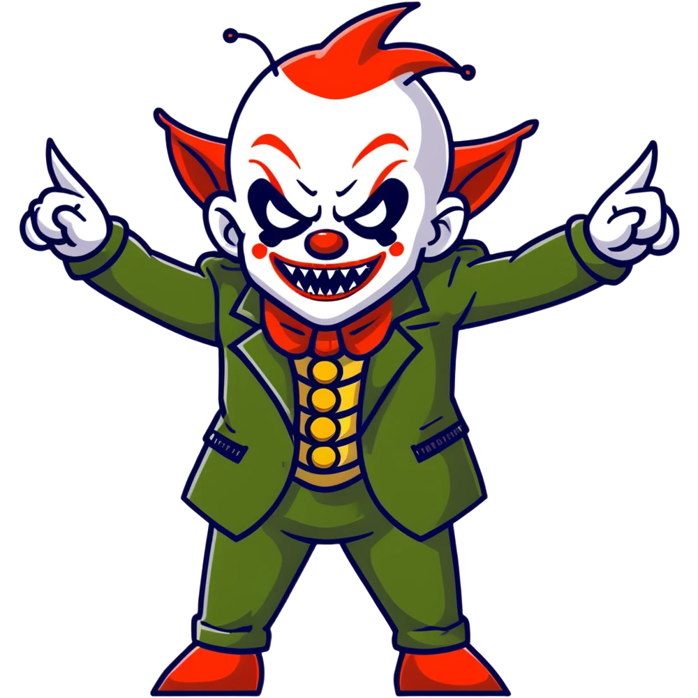 evil clown warrior, bald, very short devil-like horns on forehead, fangs, pointed ears, black and military green leisure suit, battle-ready fighting posture emoji