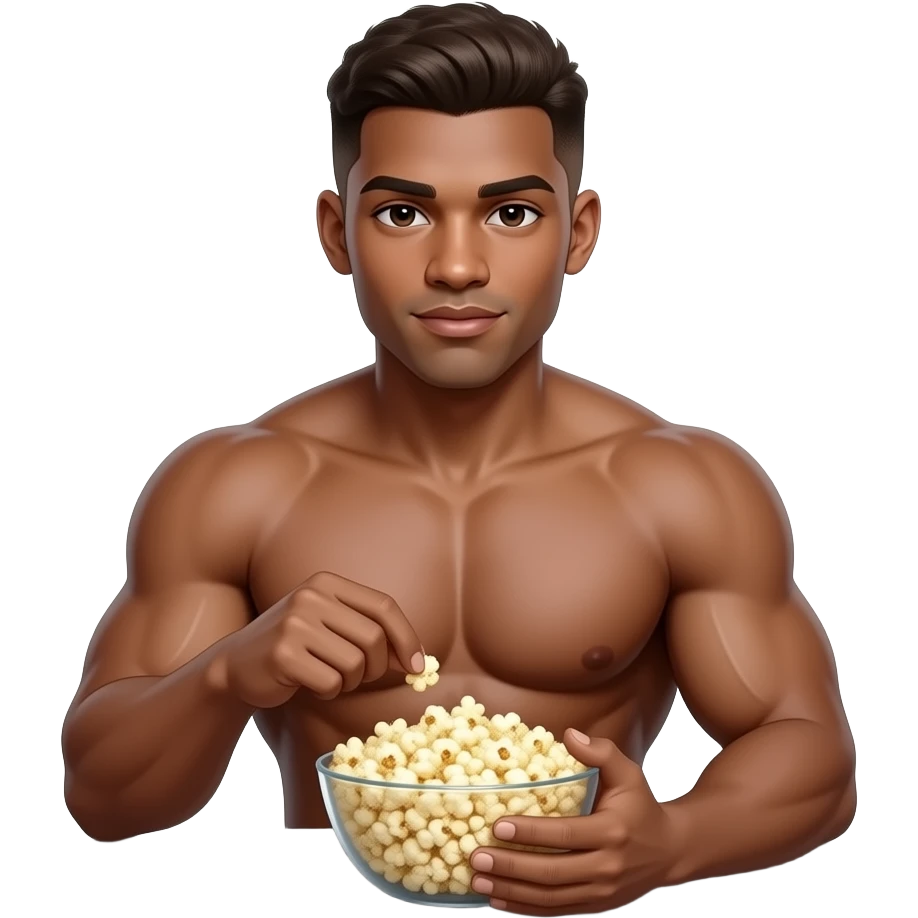 make a black skinned 20 year old man in a brown low taper fade sitting at a white Rich countertop with his shirt off and there are very good abs and there is giant muscles and he’s eating a bowl of popcorn emoji