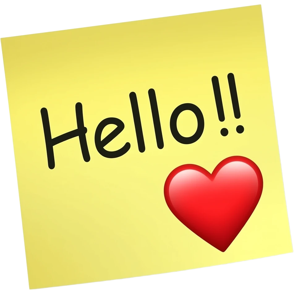 Sticky note that says "Hello!!" with a heart emoji