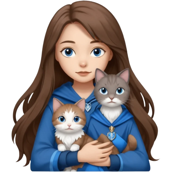 gorgeous Girl with light skin, blue eyes, long brown hair, wears a ravenclaw outfit, with a grey and white cat holding in her arms emoji