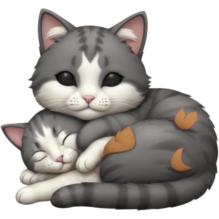 dark grey and white small cat with closed eyes, leaning his head on his paw while leaning on his elbow lying down emoji