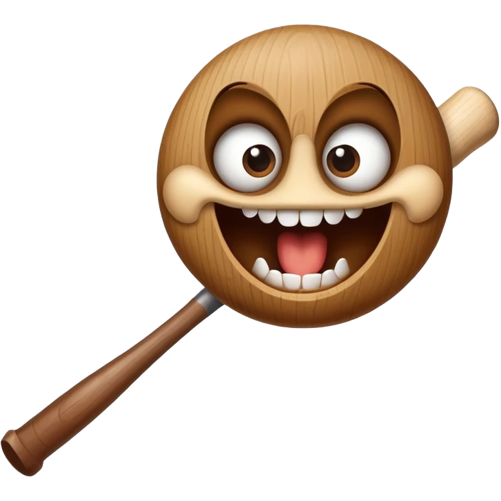Brown baseball bat with cartoon eyes, a nose, and an open mouth showing teeth emoji