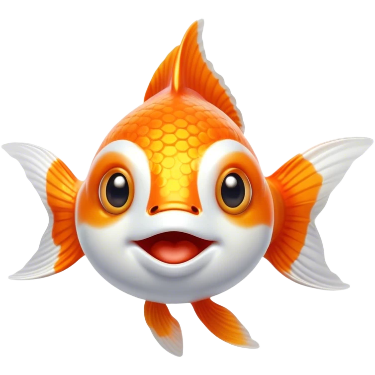 Cinematic Comical Orange and White Goldfish Portrait Emoji, Head tilted dramatically with an exaggeratedly amused expression, featuring a striking body with bold orange and white patterns, wide, expressive golden eyes filled with playful disbelief, Simplified yet hilariously expressive features, highly detailed, glowing with a slightly sassy glow, high shine, dramatic yet playful, stylized with an air of cheeky mischief, bright and endearing, soft glowing outline, capturing the essence of a spirited and over-the-top goldfish, so meme-worthy it feels like it could side-eye its way into internet fame instantly! emoji