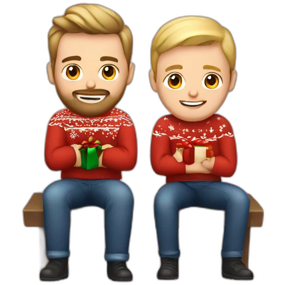 young gay couple in christmas sweathers sitting. one blond guy with beard and the other with brown hair emoji
