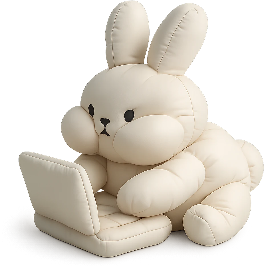 vanilla bunny typing fast, cheeks puffed, cushion style emoji