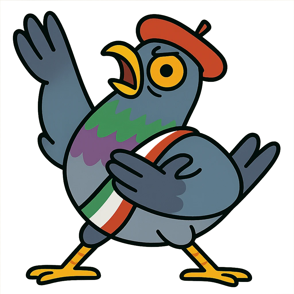 Italian pigeon with dramatic pose, brainrot meme style, cartoonish emoji