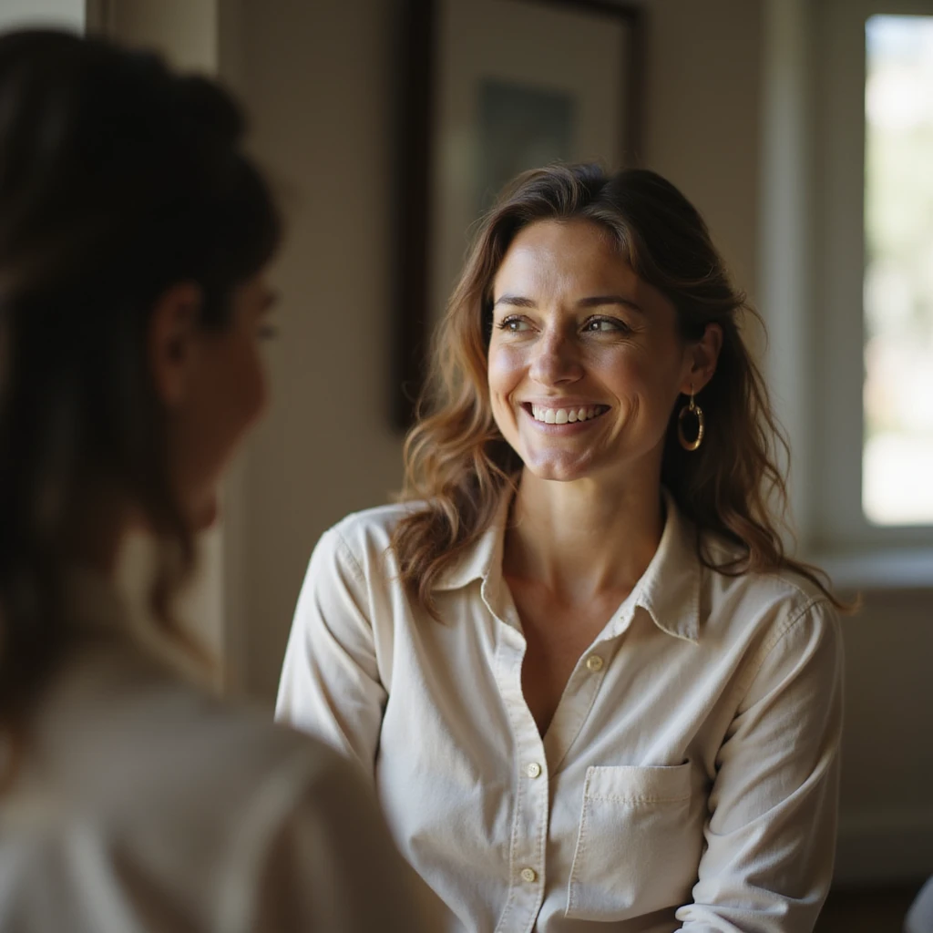 adult woman looking at herself in the mirror and smiling, theme of acceptance and wellness, realistic style, natural details, intimate environment emoji