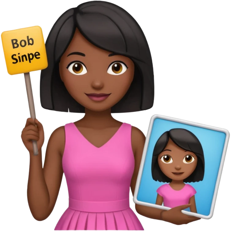 Dark skin woman with black bob in hair holding sign that says snipe  wearing pink dress  emoji