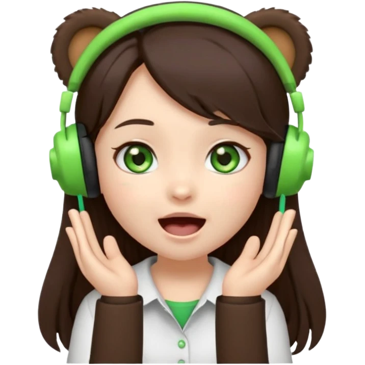 Animated emoji, Chibi girl, long dark brown hair, green eyes, wearing a white shirt and small brown bear ears on a black headset, with wide happy surprised eyes and mouth and clapping excitedly emoji