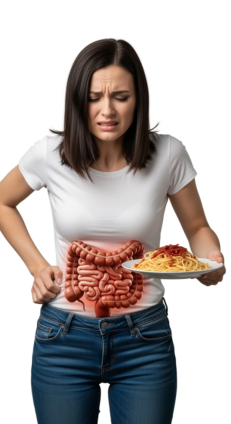 DONNA CON INTESTINO UMANO ANATOMICO REALISTICO IN EVIDENZA E MAL DI PANCIA MENTRE TIENE IN MANO UN PIATTO DI PASTA , IPERREALISTICO 4K, ISOLATO SU SFONDO BIANCO emoji