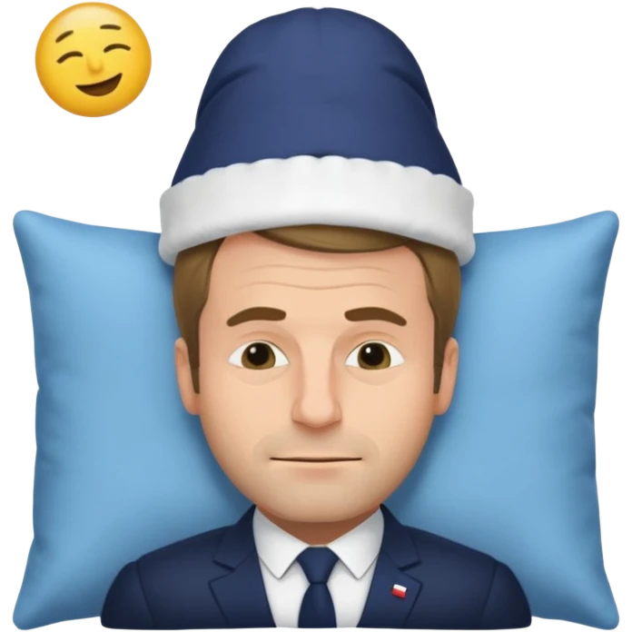 cartoonish French president Macron napping with nightcap, soft pillow, Zzz above head, emoji style emoji