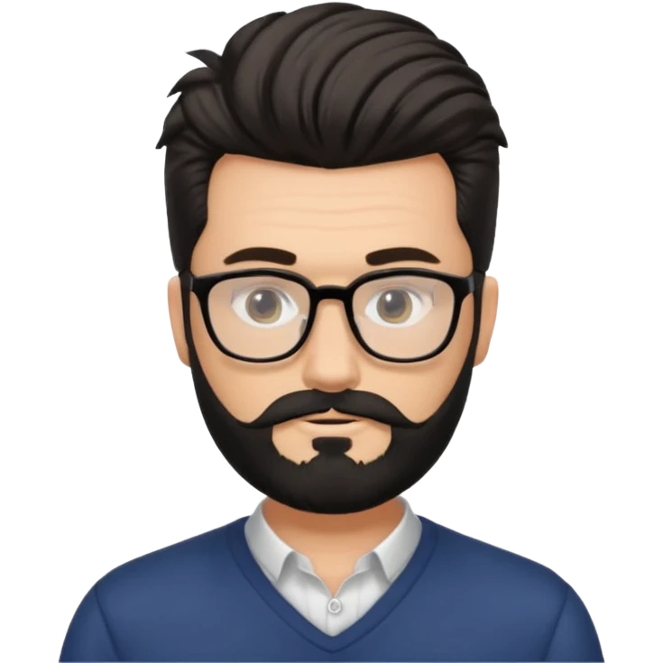 یه پسر سفید پوست با ریش مشکی و مدل موی جذاب که موهاش رو به بالاهست و عینک زده emoji