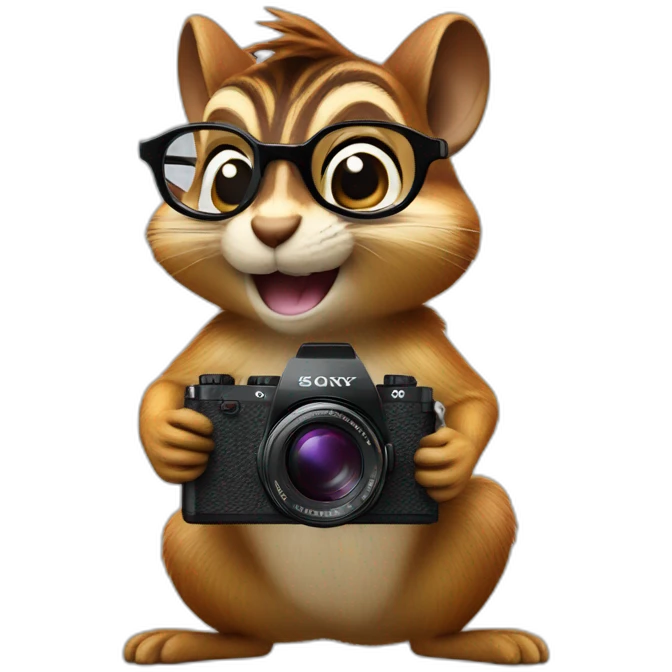 a chipmunk with glasses holds a SONY camera in its paws medium plan emoji