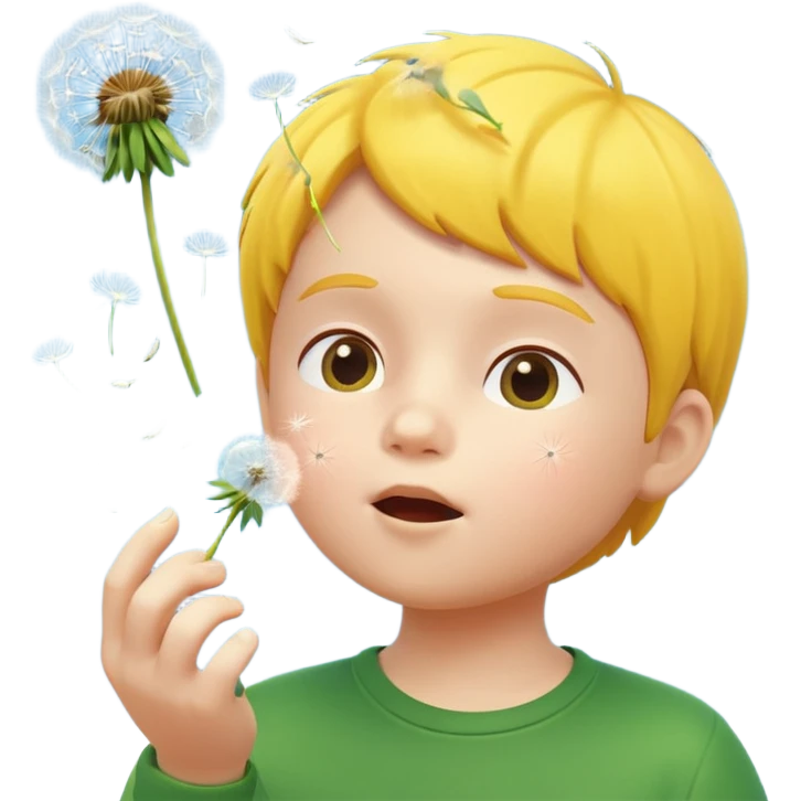 A 3D cartoon child blowing on a dandelion, seeds flying in the air, sunny garden background, realistic Memoji-style. emoji