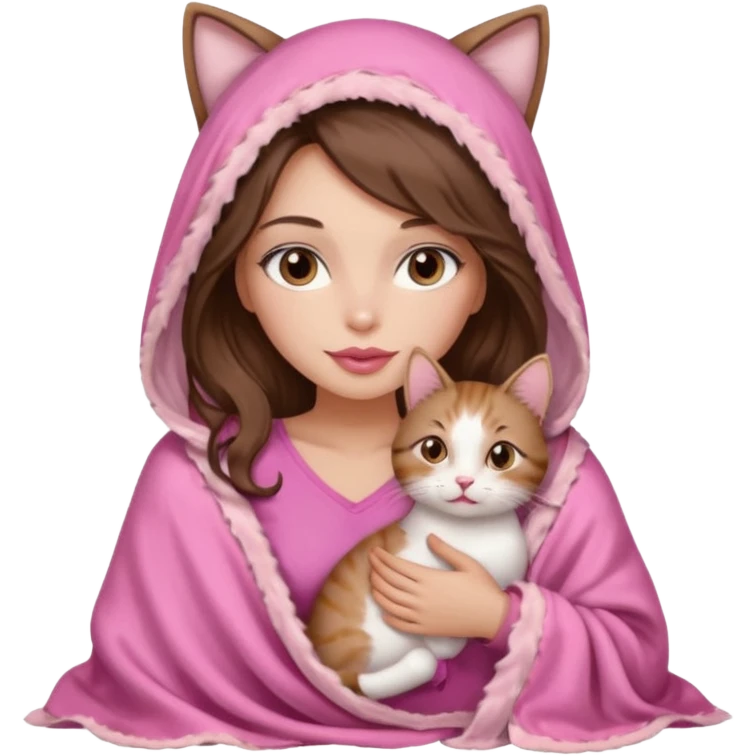 girl with long wavy brown hair, brown eyes, long lashes makeup, sexy pink lips, light to medium complexion, wearing a pink sexy silk top, big blanket over the head cozy holding a cat emoji