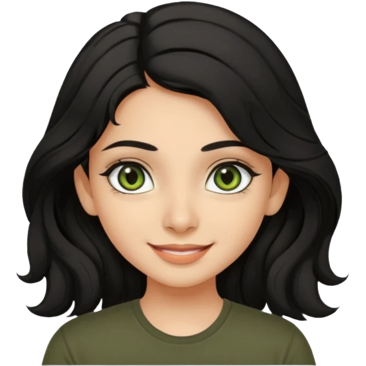 a pretty FAIR indian bratz girl with wavy black hair, wearing a black tshirt. eyeliner on, olive green eyes.  emoji