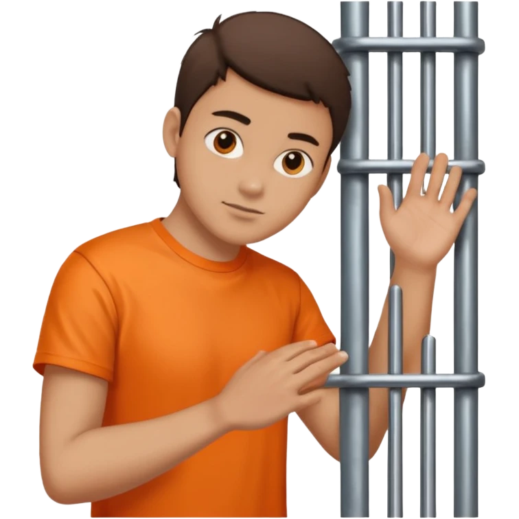 prisoner with orange shirt, many metal bars in front of him and he touches the bars emoji