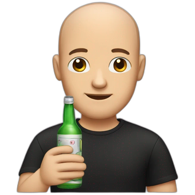 A balding man in a black shirt holds a bottle of alcohol. emoji