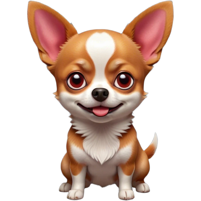 Cinematic Comical Red/White Short Haired Chihuahua Portrait Emoji, Head tilted dramatically with an exaggeratedly shocked or offended expression, short red and white fur with a striking contrast, wide, expressive dark eyes filled with exaggerated disbelief, Simplified yet hilariously expressive features, highly detailed, glowing with a slightly sassy glow, high shine, dramatic yet playful, stylized with an air of attitude, bright and endearing, soft glowing outline, capturing the essence of a sassy and over-the-top pup, so meme-worthy it feels like it could side-eye its way into internet fame instantly! emoji