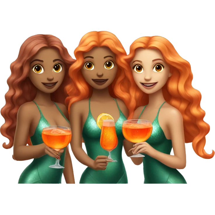 Three beautiful mermaids (light skin) drinking aperol emoji