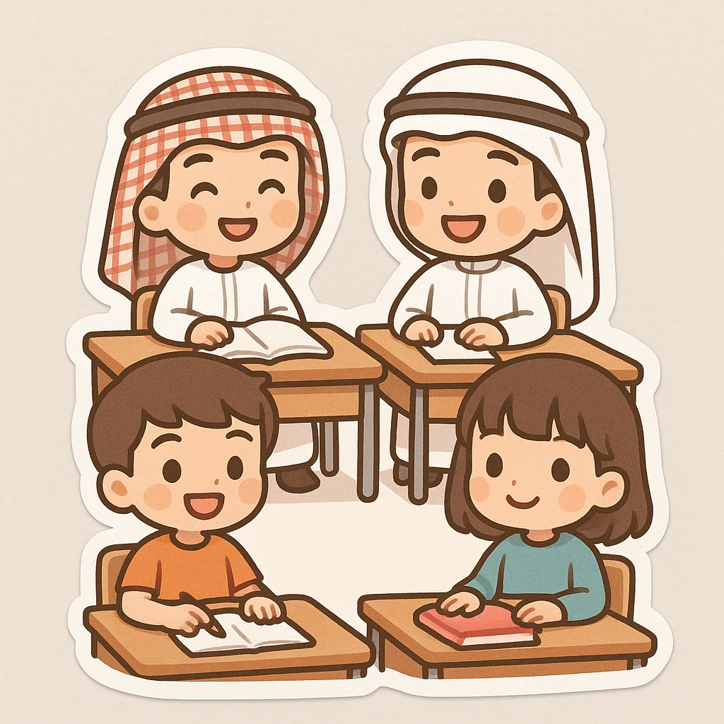 adorable group of chibi kids at their desks, some with keffiyeh and ghutra, others in modern clothes, smiling, classroom setting emoji