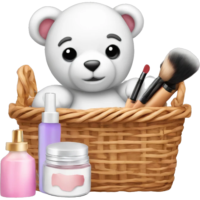 basket whit makeup, skincare, a teddy bear and a candle emoji