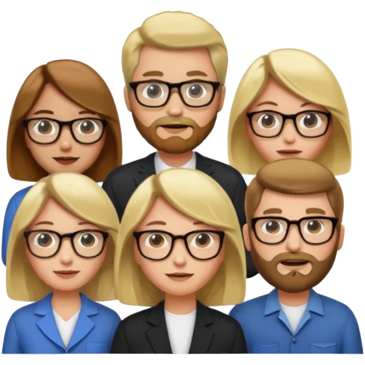 A man with hair and glasses and  a woman with long brown hair and a man with a beard and a woman with a blonde bob emoji