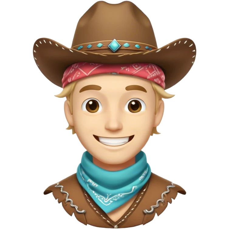 Clash of Clans aesthetic Playful Cowboy Portrait Emoji, Head tilted with a roguish, cheeky grin and twinkling eyes, featuring a compact, charming build with a jaunty hat and a friendly bandana, his natural skin tone adding authenticity, Simplified yet irresistibly charming features, highly detailed, glowing with a warm, inviting western glow, high shine, spirited and lively, stylized with an air of whimsical frontier mischief, soft glowing outline, capturing the essence of a playful cowboy exuding friendly rogue charm! emoji