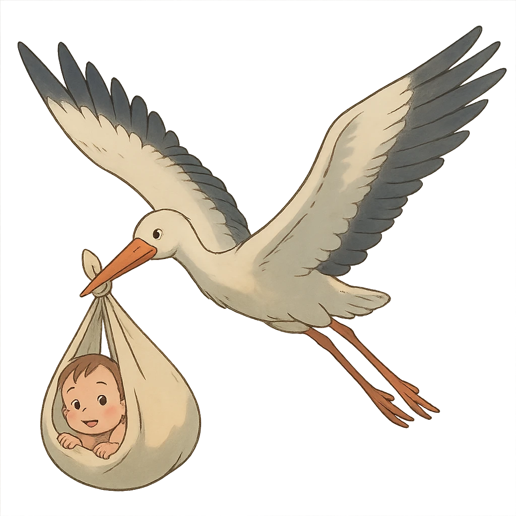 stork flying with a human baby in a bundle, ghibli style emoji