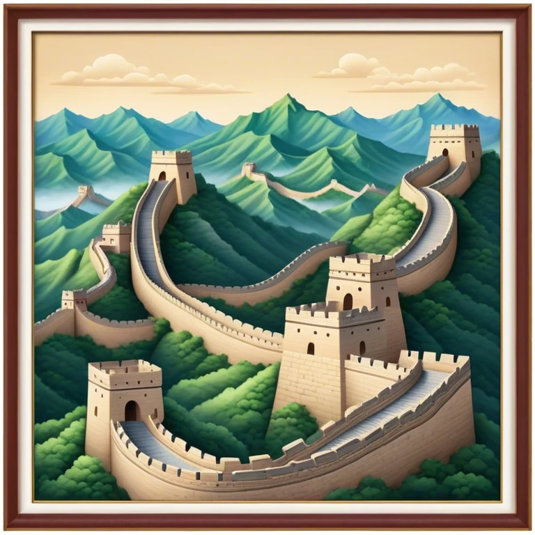 Cinematic Realistic Great Wall of China Landmark Emoji, depicted as ancient fortifications winding across majestic mountains, rendered with intricate detail and dramatic lighting. emoji