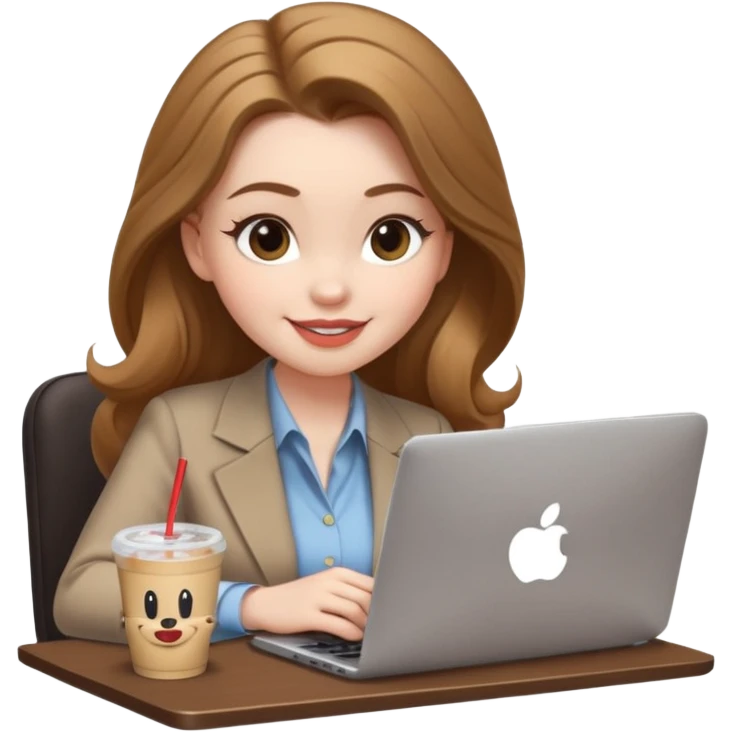 Women in front of one laptop that has a Mickey sticker on it, with a happy face, face a little fuller, lips plump, full eyebrows, long light brown hair, light brown big eyes, light pale skin with a iced coffee on the side, business attire, typing emoji