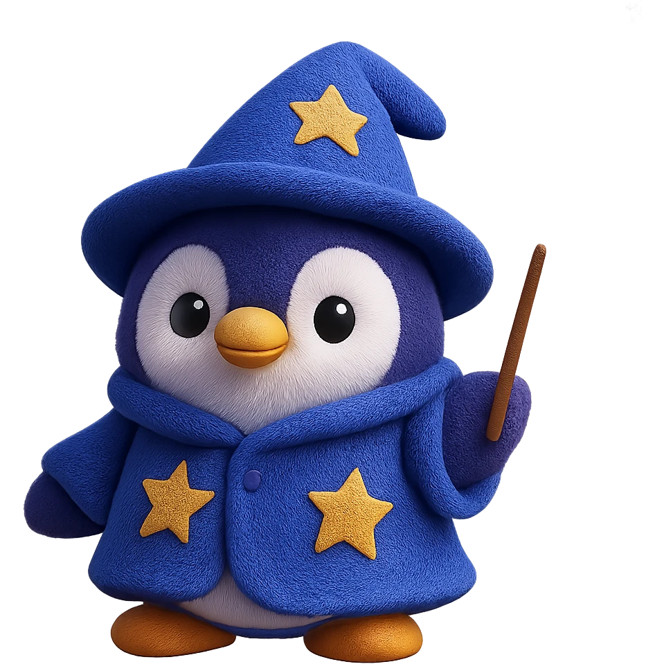 A magical penguin wizard wearing a starry blue wizard robe and a pointed hat. The plush penguin has a tiny wand and an adorable expression. emoji