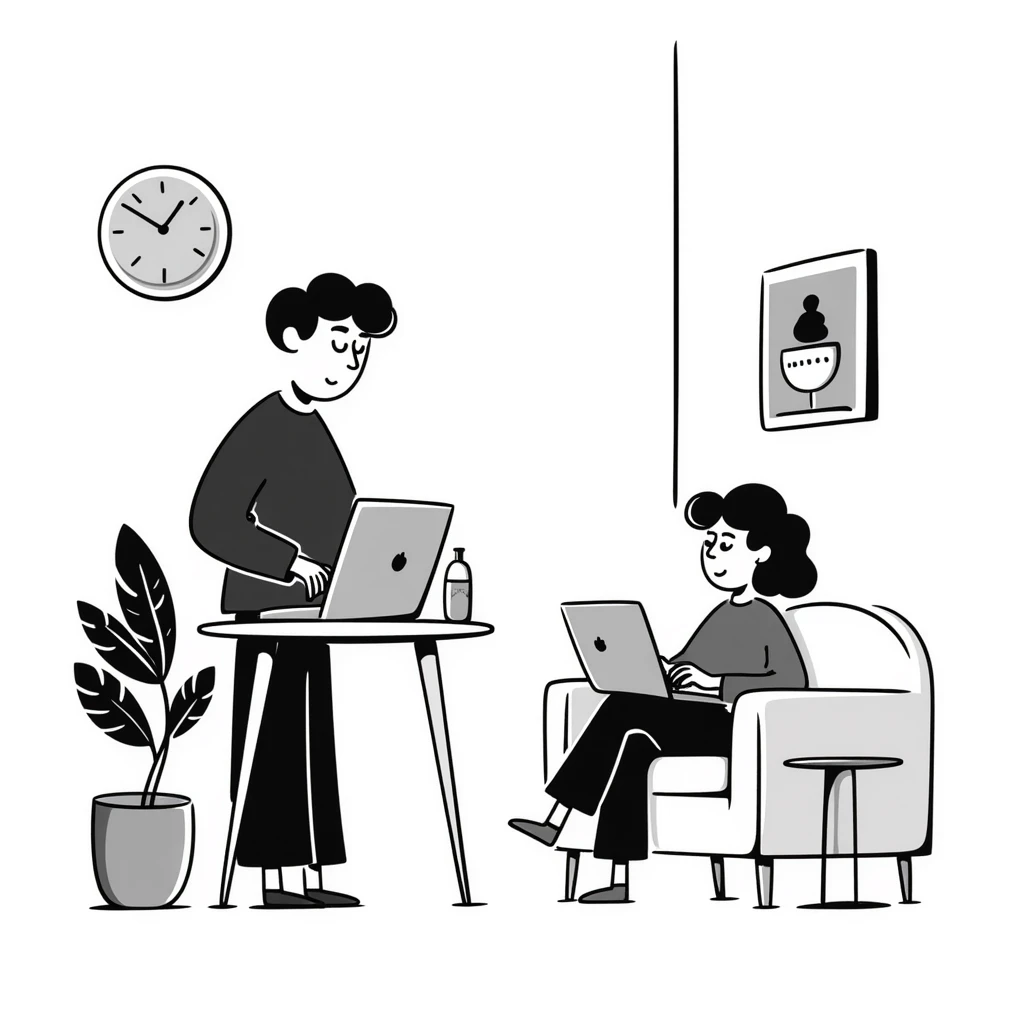 escenary 3d of a cozy mid-century living room with two people working on laptops, one man standing at a desk and one woman sitting on a couch, two walls and floor visible emoji