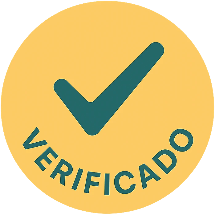circular stamp with a bold checkmark and 'Verificado' text, flat color icon style, trust, approval emoji