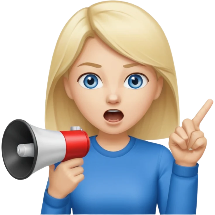 blue eyes blonde girl yelling into megaphone and holding up 1 finger in the other hand siling emoji