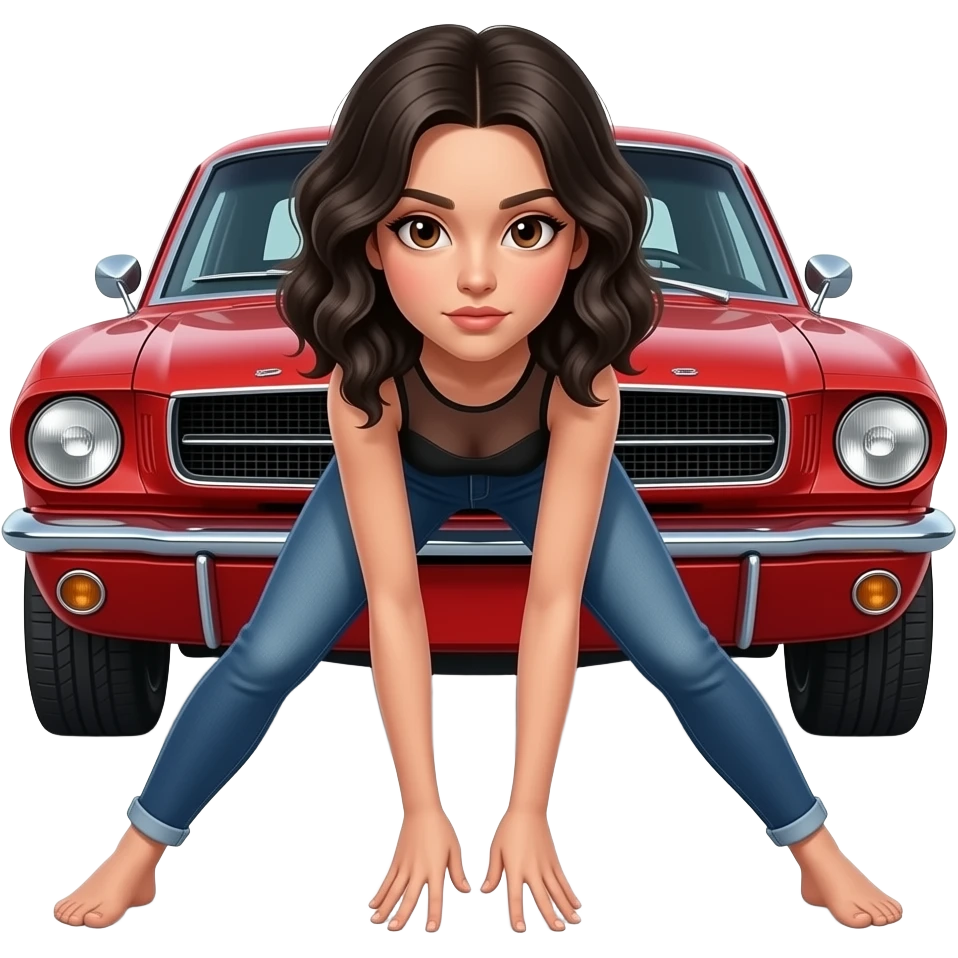 Girl with pale skin and wavy, jet-black hair and brown eye, seen from behind, standing standing hunched forward, looking straight ahead in front of a red 1968 Ford Mustang coupe. Girl wearing a sheer black sleeveless top, jeans. Her legs are spread apart, fingers touching her toes. emoji