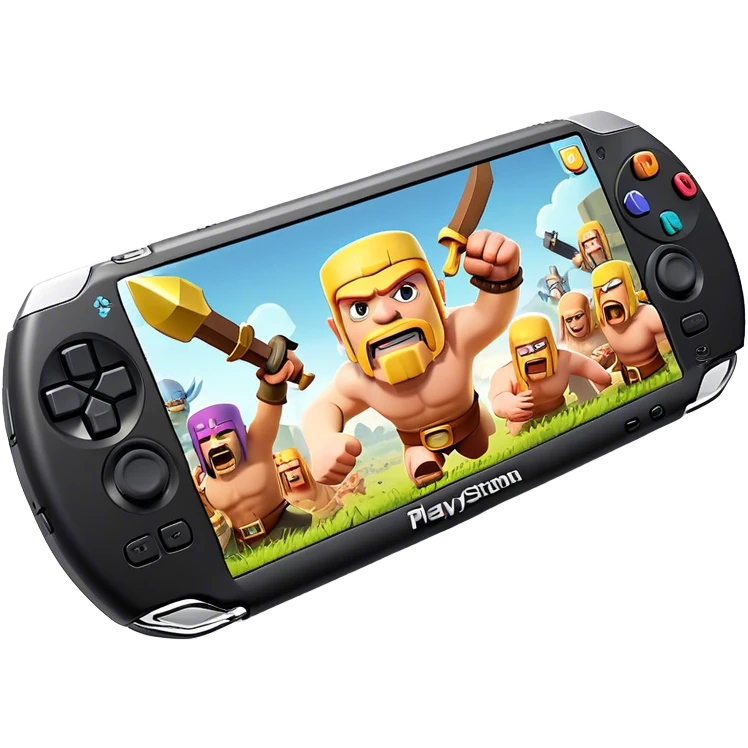 Clash of Clans aesthetic: Cinematic Playful PlayStation Portable (PSP) Portrait Emoji, rendered in a 3D vector-style similar to standard emojis with minimal shading and bold, simplified shapes. A compact, distinct form with signature details, softly glowing with a cutting-edge console technology charm. Simplified yet unmistakably iconic, highly detailed and consistent, glowing with a soft radiance and high shine. Stylized with a touch of technological advancement and a soft glowing outline, capturing the essence of a beloved gaming relic with a friendly, playful manner! emoji