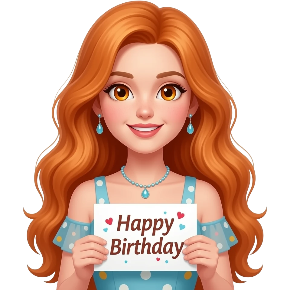 sexy girl with overlong ginger hair and ginger eyes wearing a birthday dress holding a ALLES GUTE ZUM GEBURTSTAG sign emoji