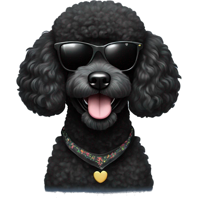 BLACK poodle wearing sunglasses with a big smile. Also with a bandanna around its neck. Dog needs to be all black emoji