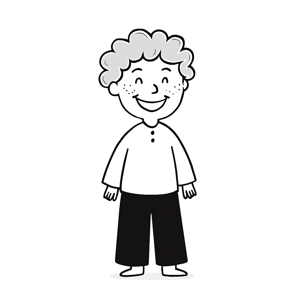 Make the strawberry blond boy with ginger freckles smile wider. The original style is hand drawn doodle style, please keep the hand drawn doodle style consistent. emoji