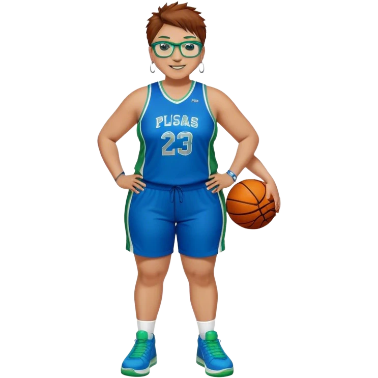 Full Body plus size white female basketball player with short medium brown hair with carmel highlights spikey hair wearing blue glasses 
 wide nose wearing blue green uniform  green sneakers smiling wearing silver hoop earrings emoji