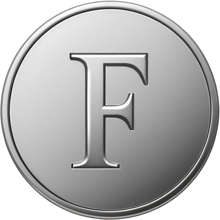 Emoji icon of a metal coin with engraved letter F, minimalist style, isolated, only black color emoji