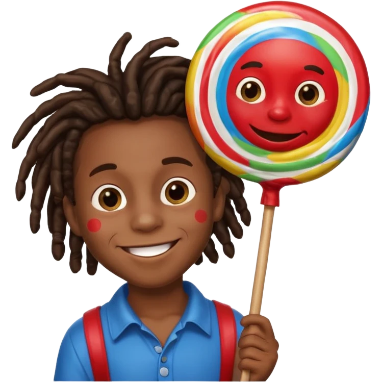 A small black dread lock hair boy holding a giant lollipop, smiling with sticky cheeks. emoji